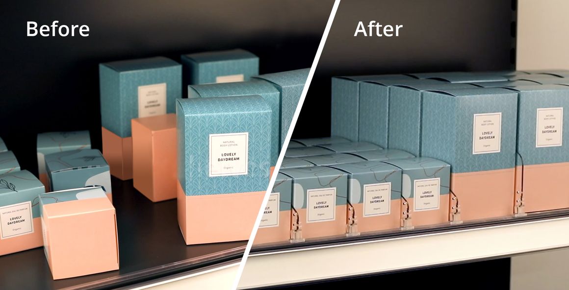 BeforeAndAfterShelfDivider OrganizedStoreShelf